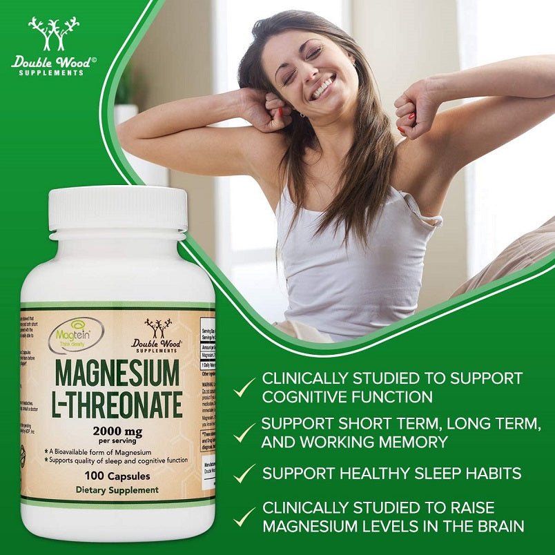 Magnesium L-threonate supplement bottle with green claims for cognition and sleep