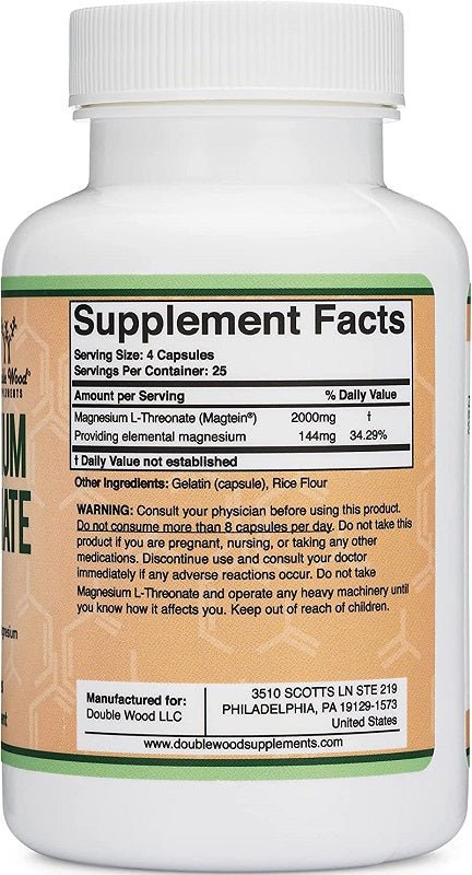Magnesium L-threonate supplement bottle back label with Supplement Facts panel