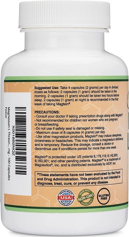 Magnesium L-threonate supplement bottle with directions, warnings, and ingredient info