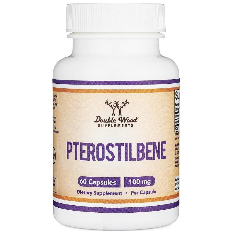 Double Wood Pterostilbene supplement bottle, 60 capsules, 100 mg label