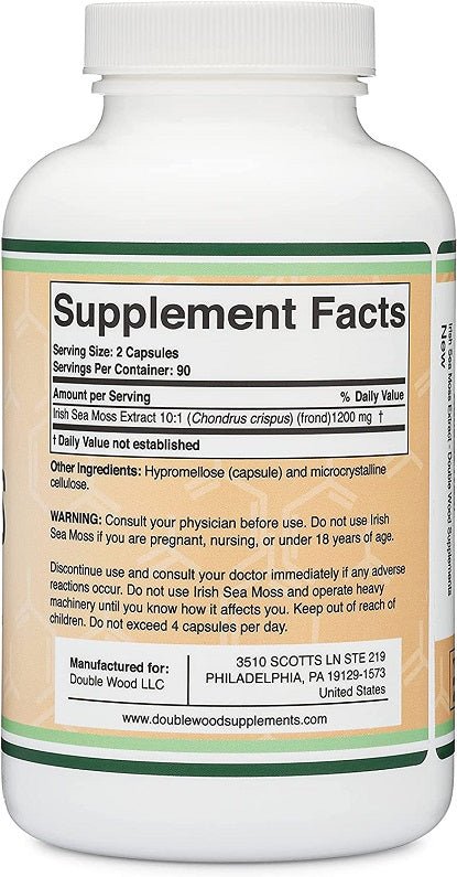 Irish sea moss supplement bottle back label, Supplement Facts and 2 capsules serving