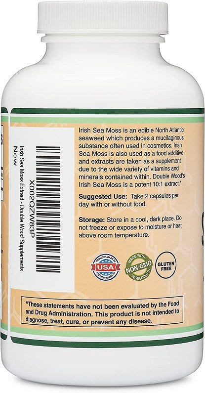 Irish sea moss supplement bottle back label with barcode and certified seals