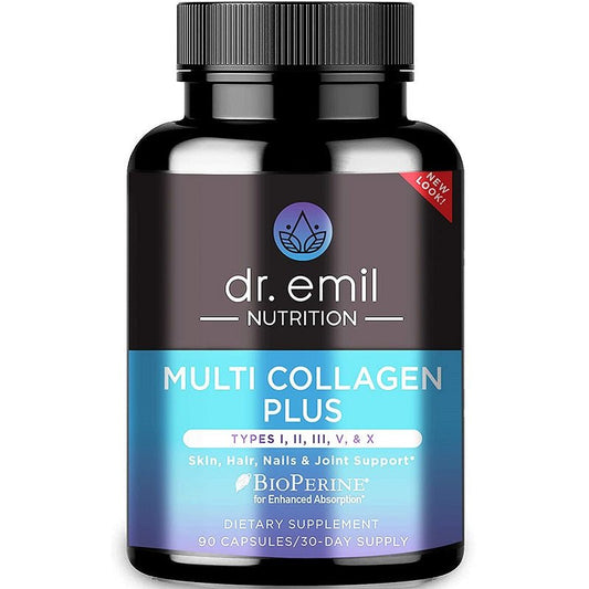 Dr. Emil Multi Collagen Plus supplement bottle with black ribbed cap