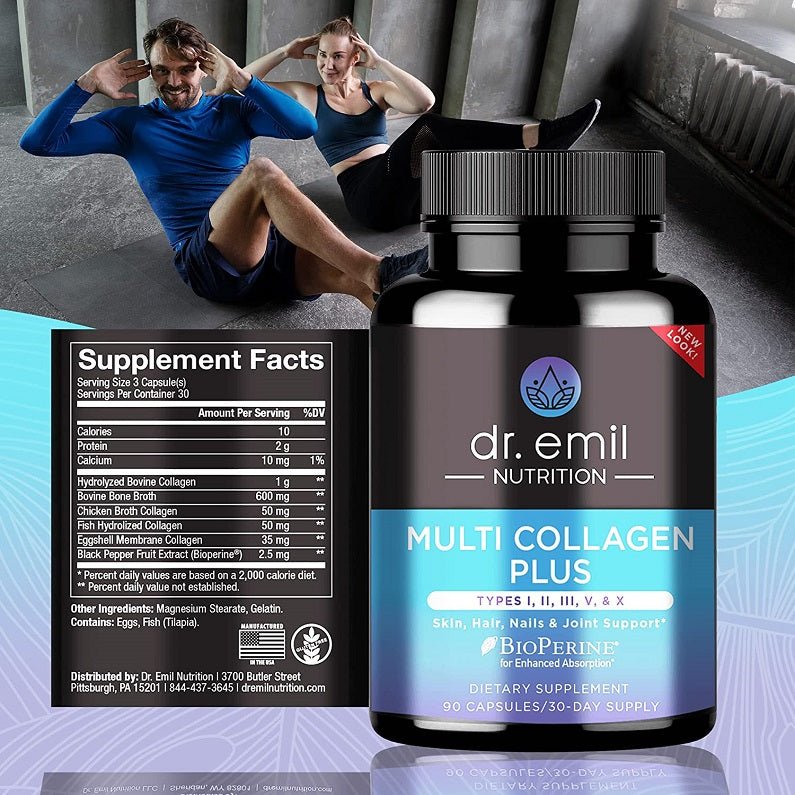 Dr. Emil Multi Collagen Plus bottle with front label and Supplement Facts panel