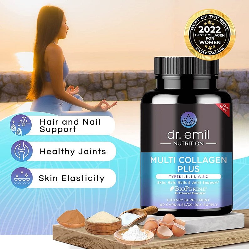 Dr. Emil Multi Collagen Plus bottle with blue label and black screw cap