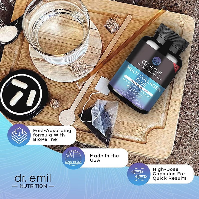 Dr. Emil Multi Collagen Plus bottle with capsules and scoop on a wooden tray