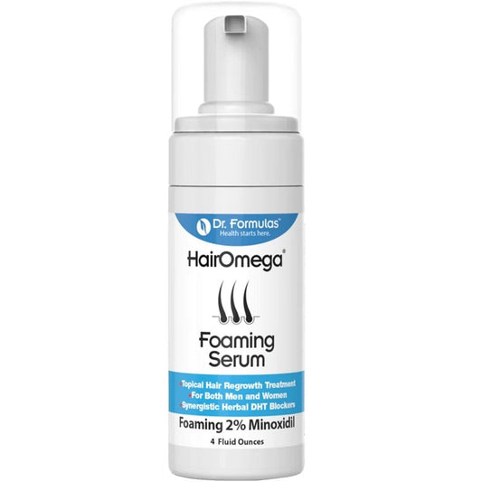 Foaming hair growth serum bottle with white pump, HairOmega label, 2% minoxidil