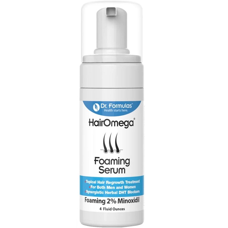 Foaming hair growth serum bottle with white pump, HairOmega label, 2% minoxidil