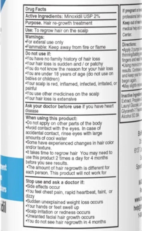 Foaming serum Drug Facts label for 2% minoxidil, usage warnings and instructions