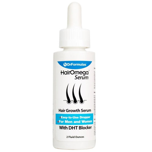 Hair growth serum bottle with dropper and HairOmega label