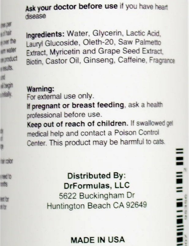 Hair growth serum ingredients and warning label, Made in USA