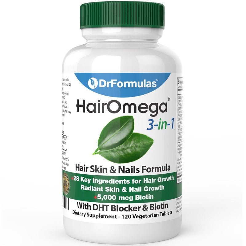 DrFormulas HairOmega 3-in-1 supplement bottle for hair, skin & nails