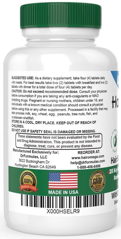 DrFormulas HairOmega 3-in-1 supplement facts and barcode on bottle back label