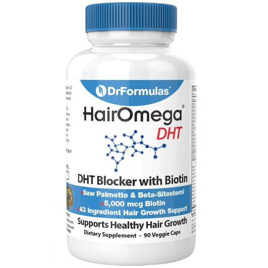 Hair supplement bottle with blue ribbed cap and HairOmega DHT label.