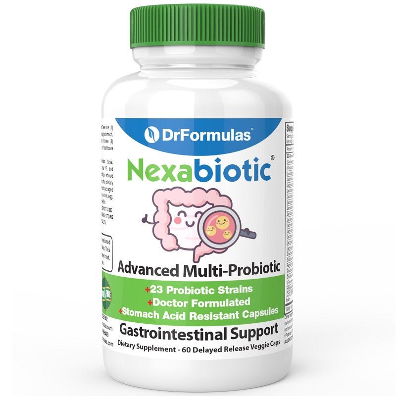 DrFormulas Nexabiotic Advanced Multi-Probiotic bottle, green ribbed cap and front label