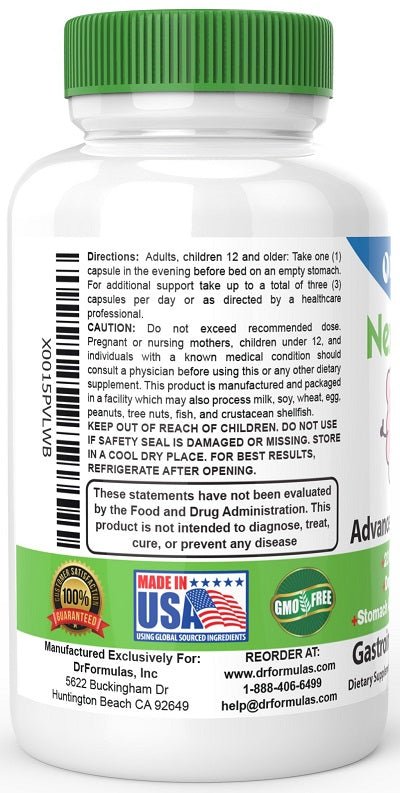 DrFormulas Nexabiotic bottle back label with directions, MADE IN USA badge, and barcode
