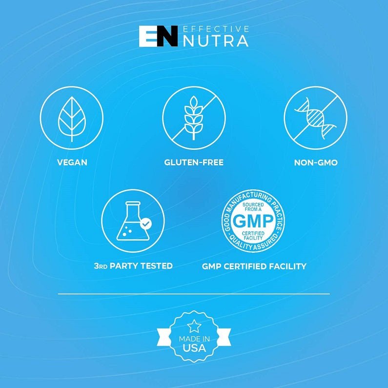 Effective Nutra supplements infographic with vegan, gluten-free, and non-GMO icons