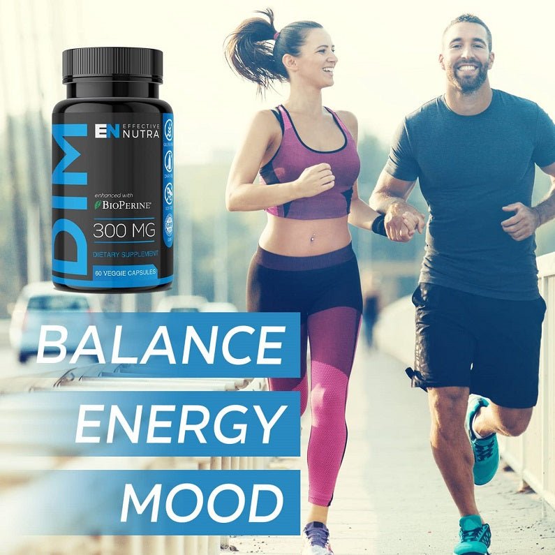 Black supplement bottle beside runners; DIM 300 mg with BioPerine
