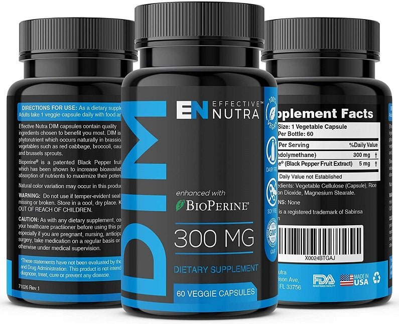 Three black supplement bottles: DIM 300 mg with BioPerine, 60 veggie capsules