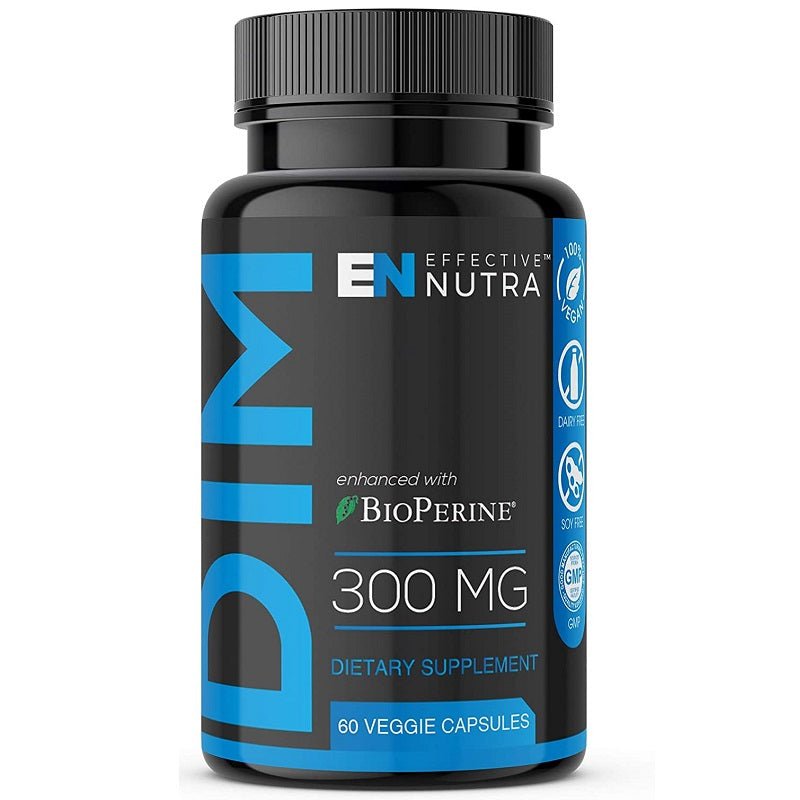 Black supplement bottle: DIM 300 mg with BioPerine, 60 veggie capsules