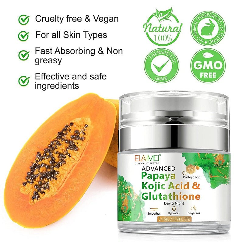 Elaimei cream jar next to papaya half, silver lid, green kojic acid label