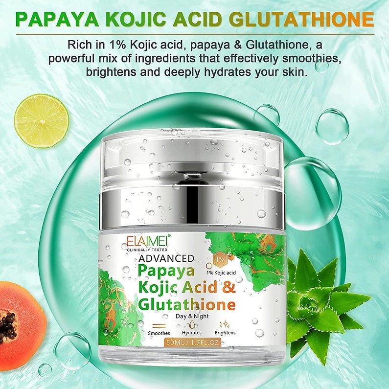 Elaimei cream jar with water droplets, green label, lime and fruit accents