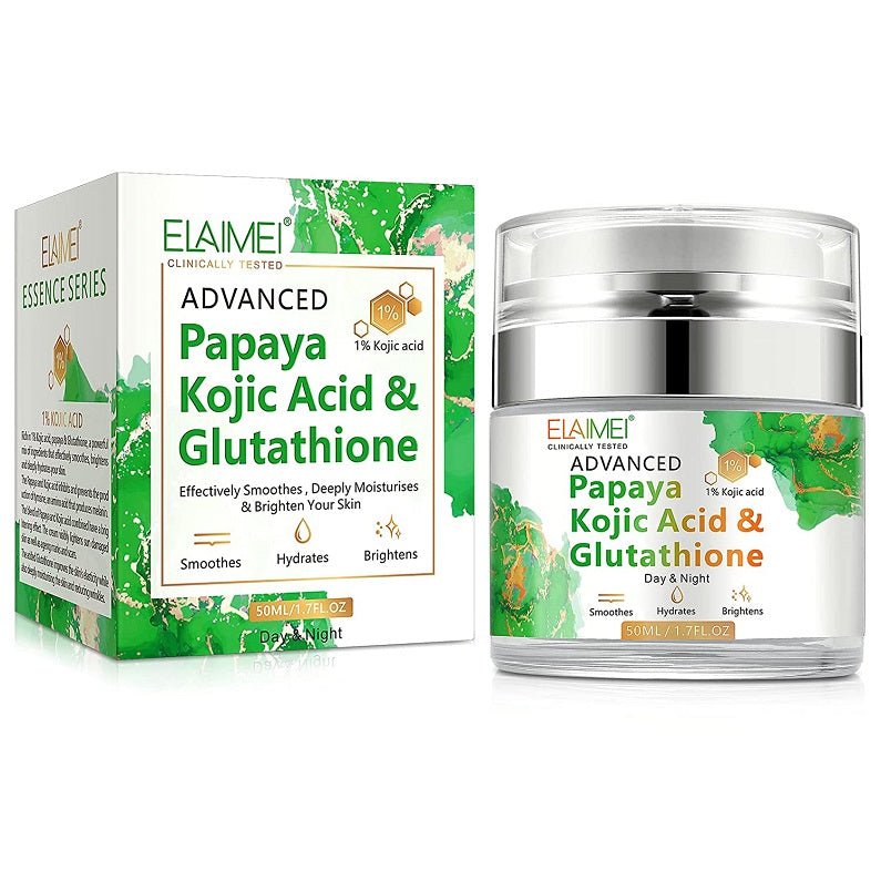 Elaimei cream jar with matching box, silver lid and green papaya label