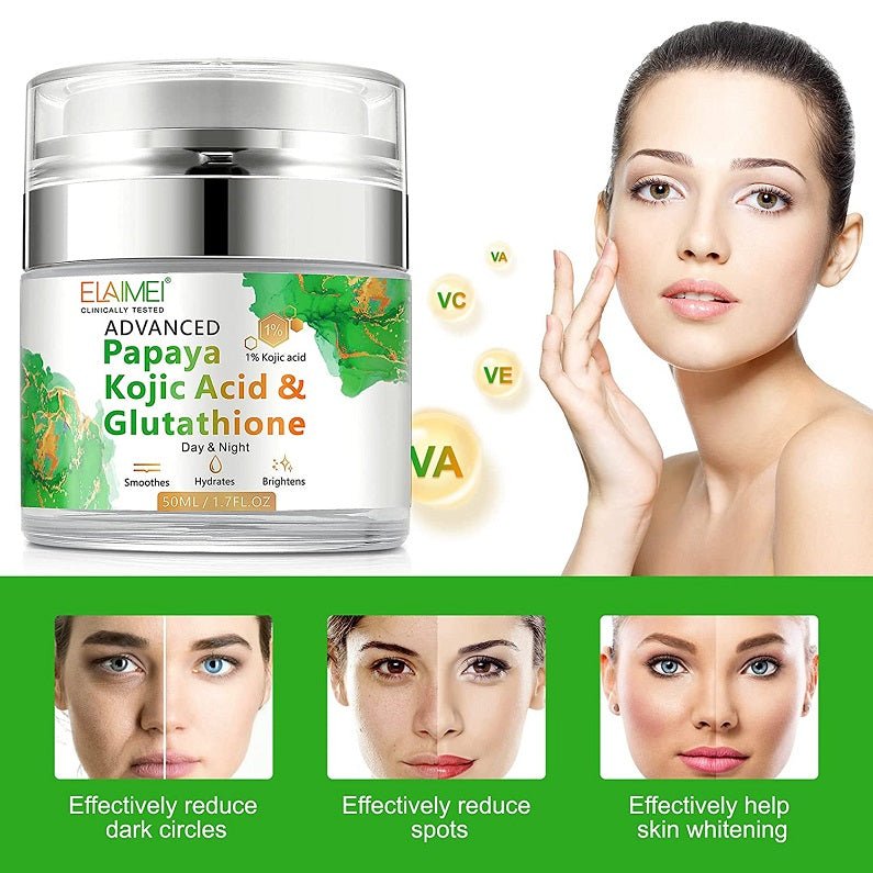 Elaimei cream jar with model face portrait, silver lid, green papaya label