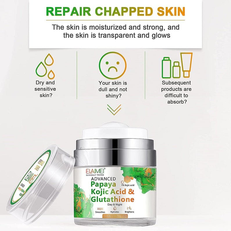 Elaimei cream jar with open lid, silver cap, green papaya label