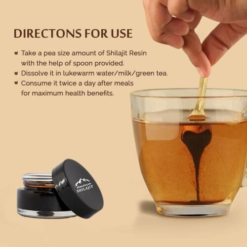 Small black shilajit jar and directions text with spoon