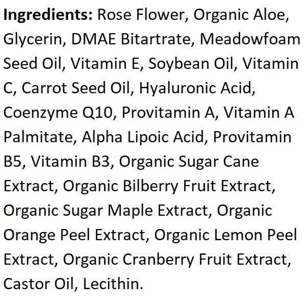 Ingredient list panel with plant extracts, oils, vitamins, and hyaluronic acid