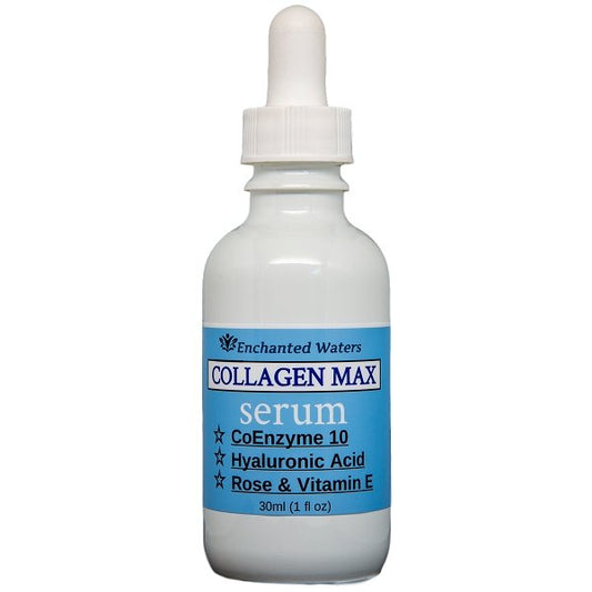 Collagen Max facial serum bottle with dropper cap, blue label, 30 ml (1 fl oz)