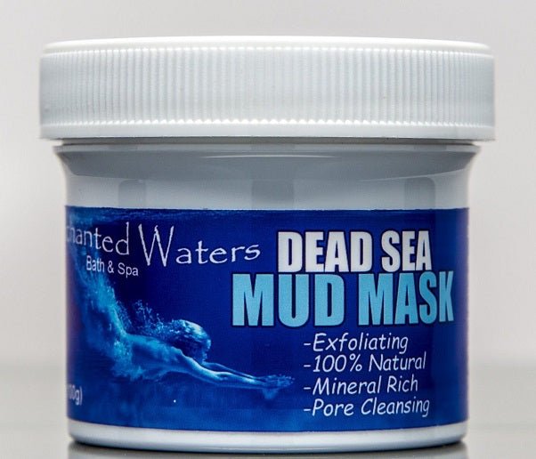 Dead Sea mud mask container with blue label and white ribbed lid