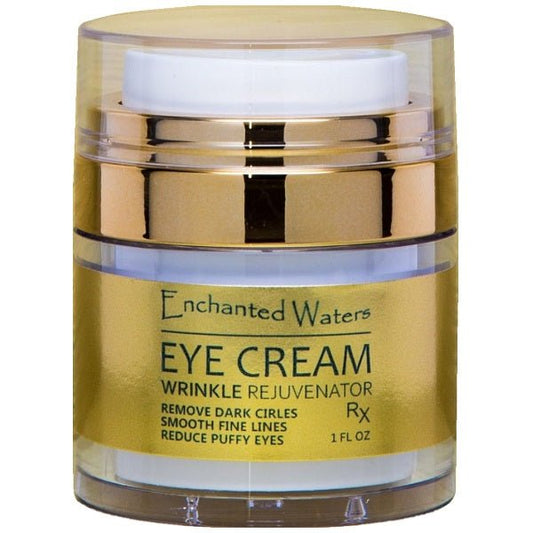 Eye cream jar with gold lid and clear base, Enchanted Waters Eye Cream label