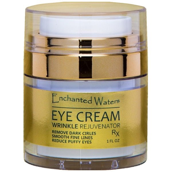 Eye cream jar with gold lid and clear base, Enchanted Waters Eye Cream label