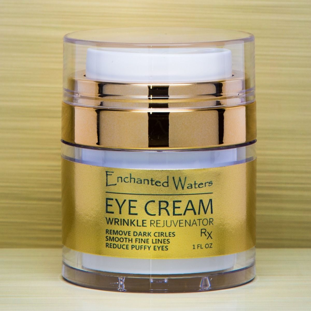 Eye cream jar with gold lid, wrinkle rejuvenator label on front
