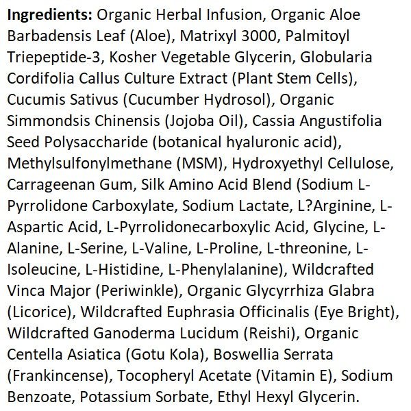 Eye cream label ingredients list with organic aloe and botanical extracts