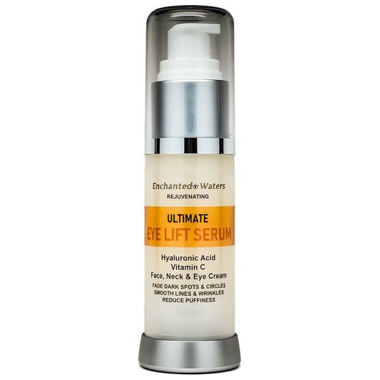 Airless eye lift serum pump bottle with silver top and beige label