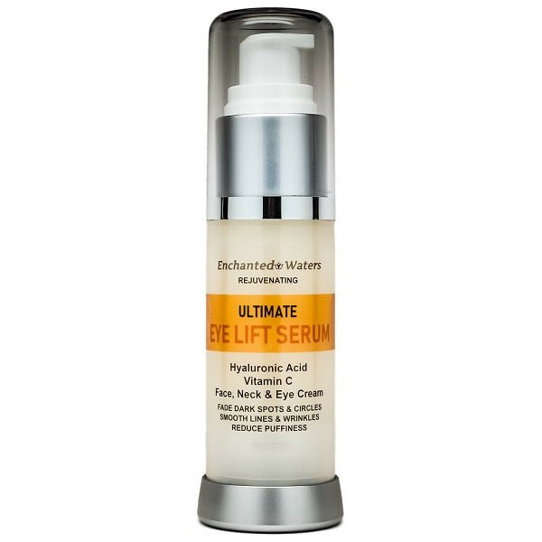 Airless eye lift serum pump bottle with silver top and beige label