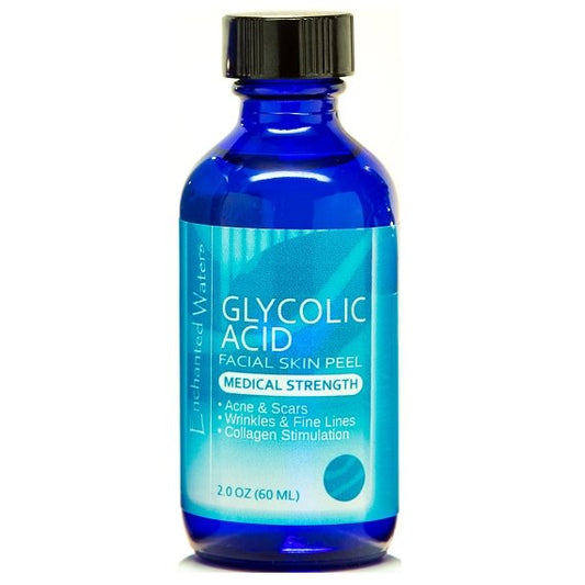 Glycolic acid facial skin peel bottle with blue liquid and black cap, 2 fl oz