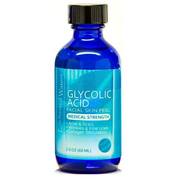 Glycolic acid facial skin peel bottle with blue liquid and black cap, 2 fl oz