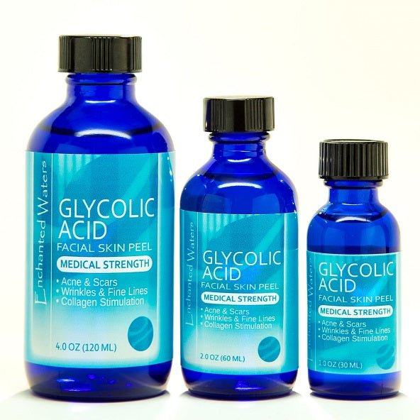 Set of glycolic acid facial skin peel bottles with blue liquid and black caps