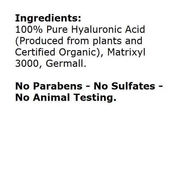 Ingredients panel: 100% pure hyaluronic acid, Matrixyl 3000, Germall; no parabens