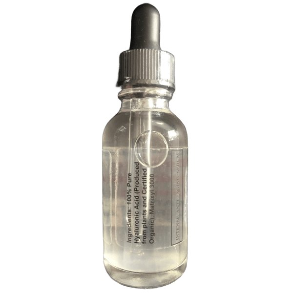 Hyaluronic acid serum bottle back label, clear glass with black dropper cap