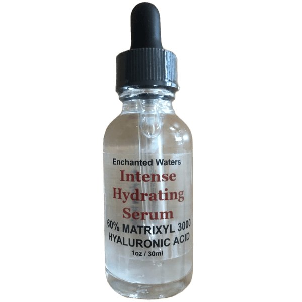Hyaluronic acid serum bottle with black dropper cap, labeled Intense Hydrating