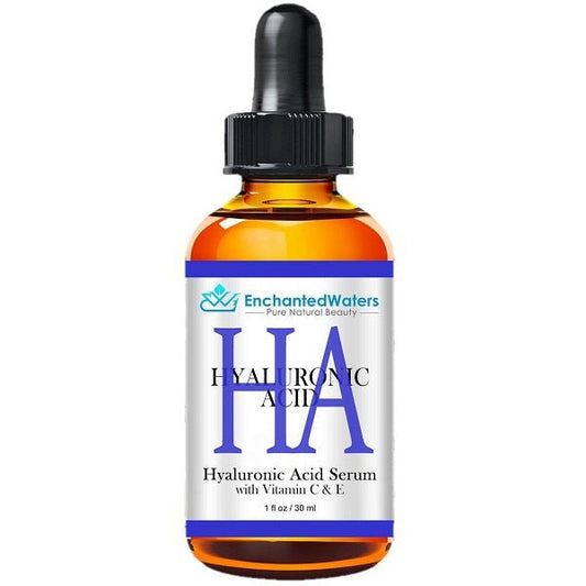 Hyaluronic acid serum bottle with black pump and amber glass, blue label