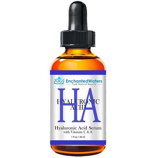 Hyaluronic acid serum bottle with black pump and amber glass, blue label
