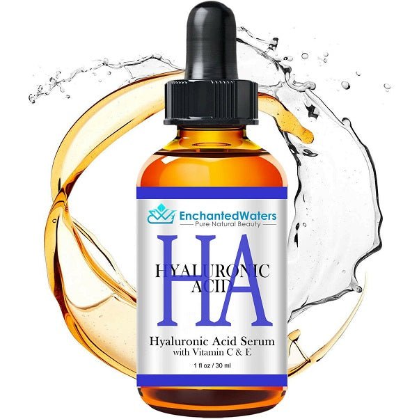 Hyaluronic acid serum bottle with black pump, amber glass, water splash behind