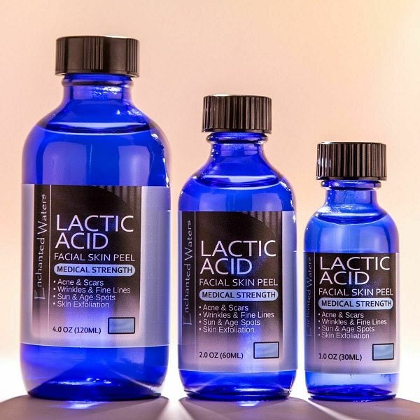 Three lactic acid facial skin peel bottles in blue glass with medical strength labels