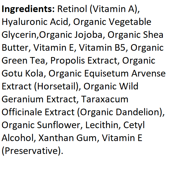 Retinol moisturizer ingredients list text on a white background